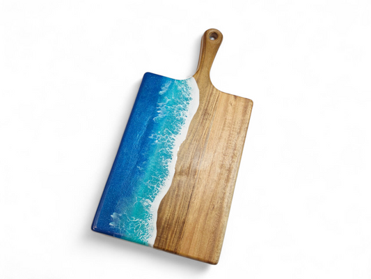 Handcrafted Large Acacia Wood Paddle Board with Ocean Resin Design