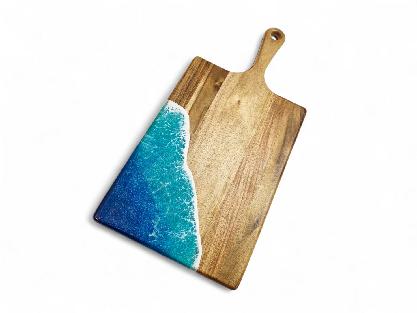 Handcrafted Large Acacia Wood Paddle Board with Ocean Resin Design