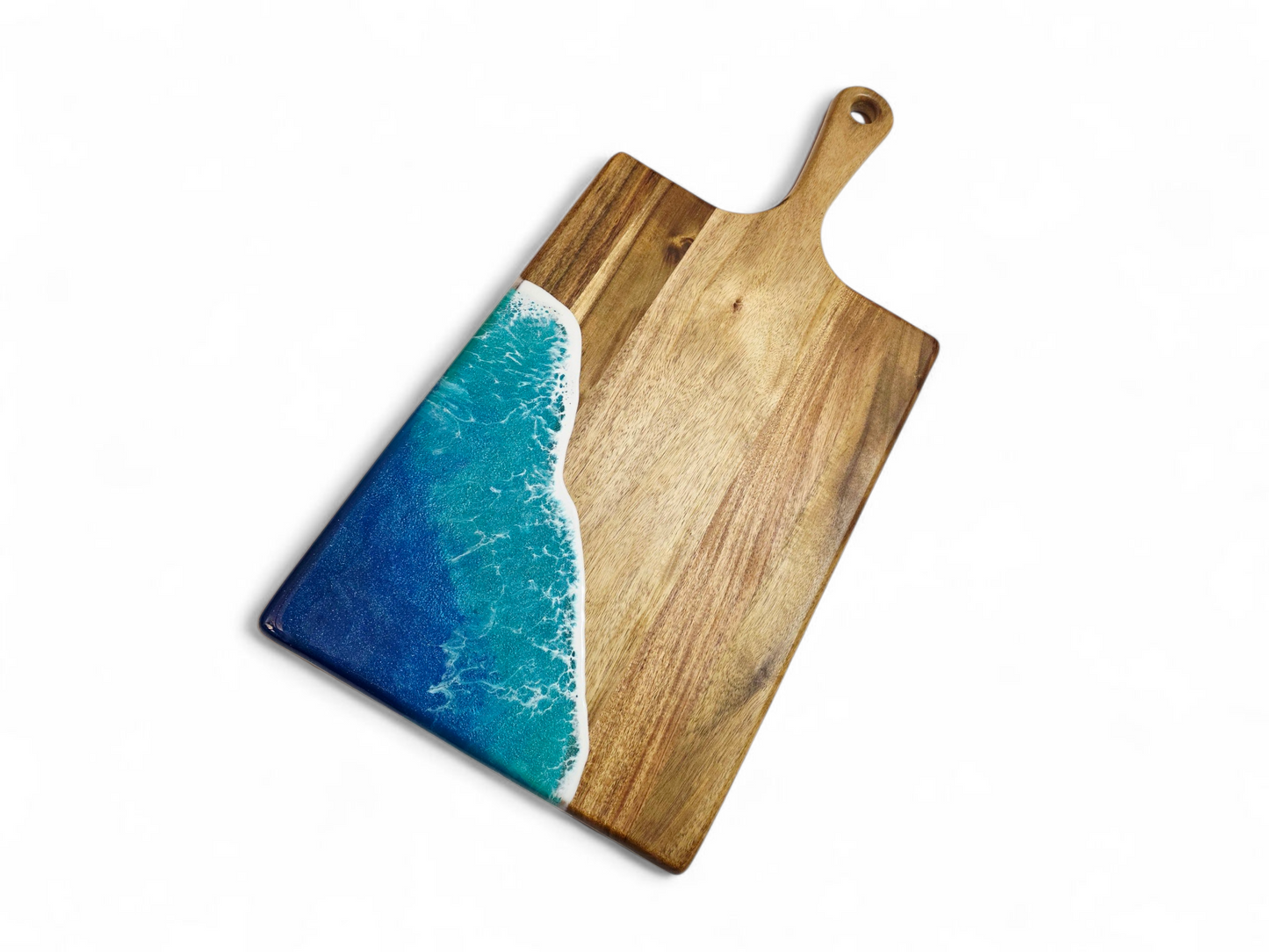 Handcrafted Large Acacia Wood Paddle Board with Ocean Resin Design