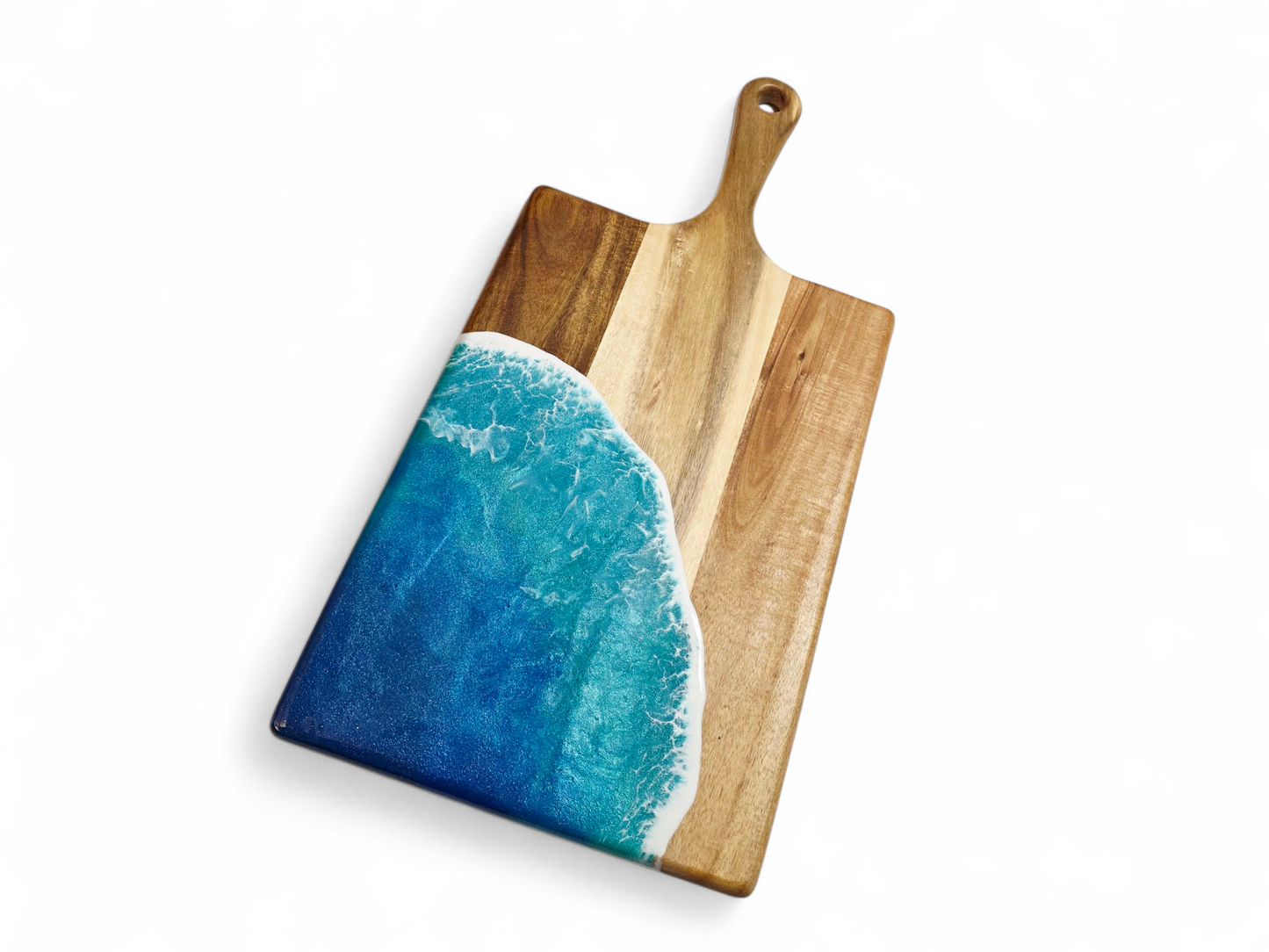 Handcrafted Large Acacia Wood Paddle Board with Ocean Resin Design