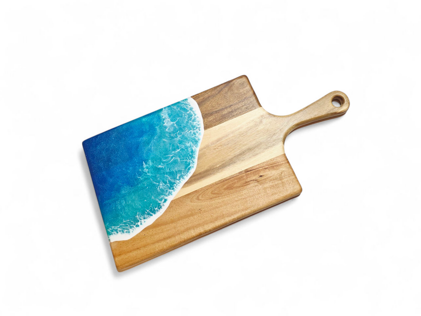 Handcrafted Large Acacia Wood Paddle Board with Ocean Resin Design