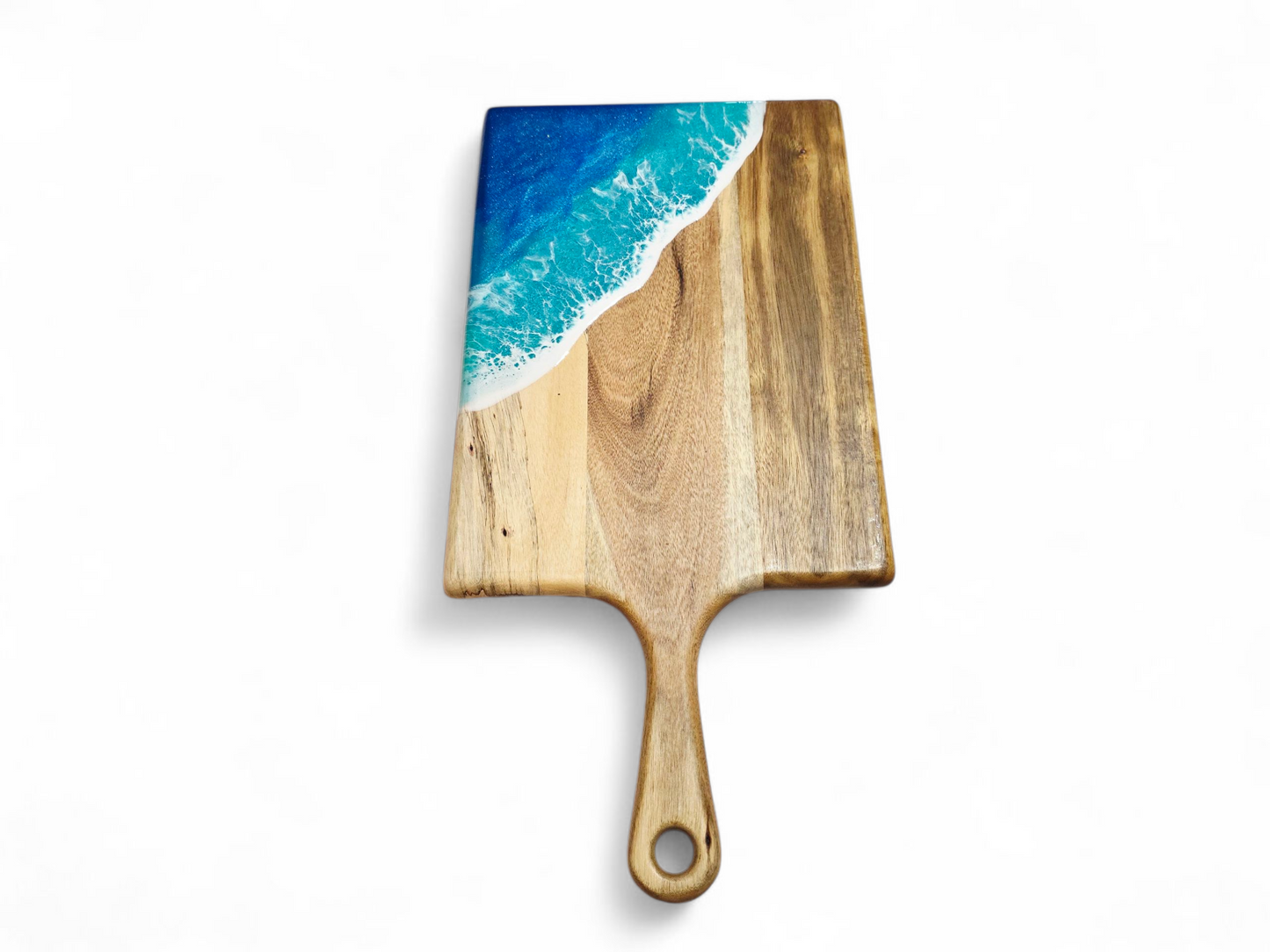 Handcrafted Large Acacia Wood Paddle Board with Ocean Resin Design