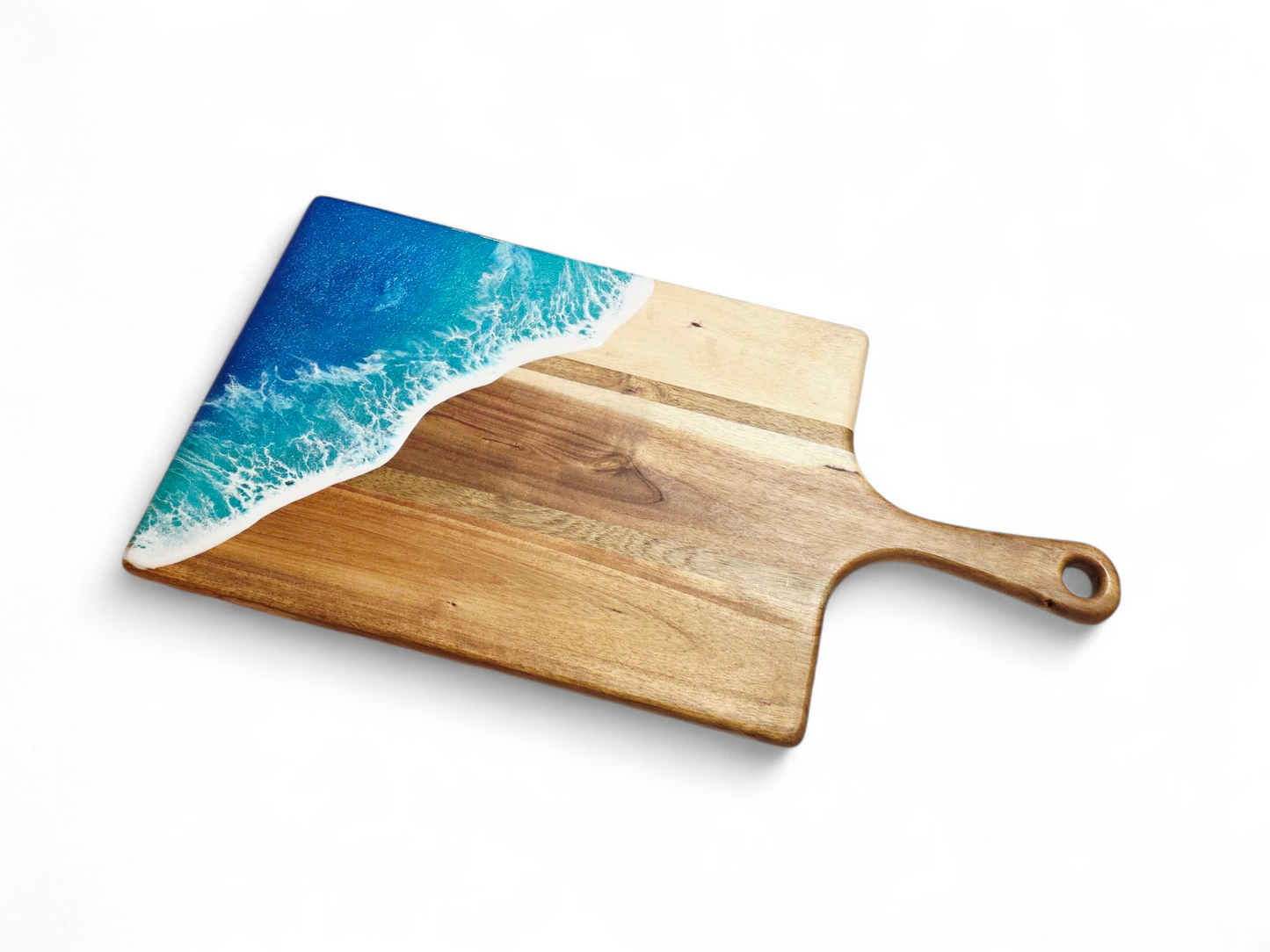 Handcrafted Large Acacia Wood Paddle Board with Ocean Resin Design