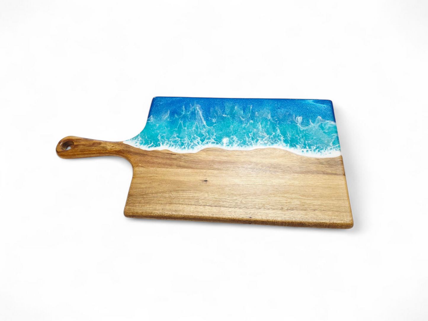 Handcrafted Large Acacia Wood Paddle Board with Ocean Resin Design