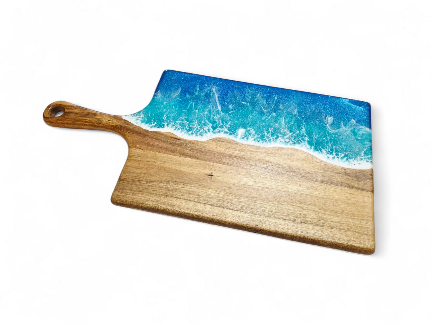 Handcrafted Large Acacia Wood Paddle Board with Ocean Resin Design