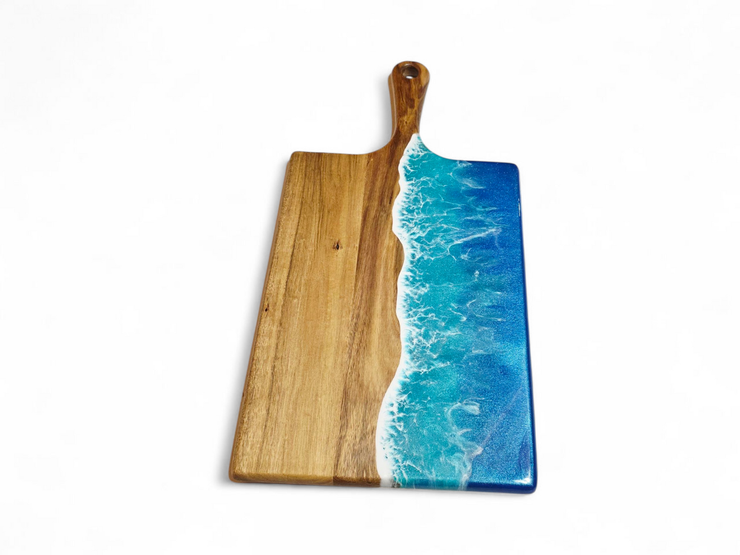 Handcrafted Large Acacia Wood Paddle Board with Ocean Resin Design