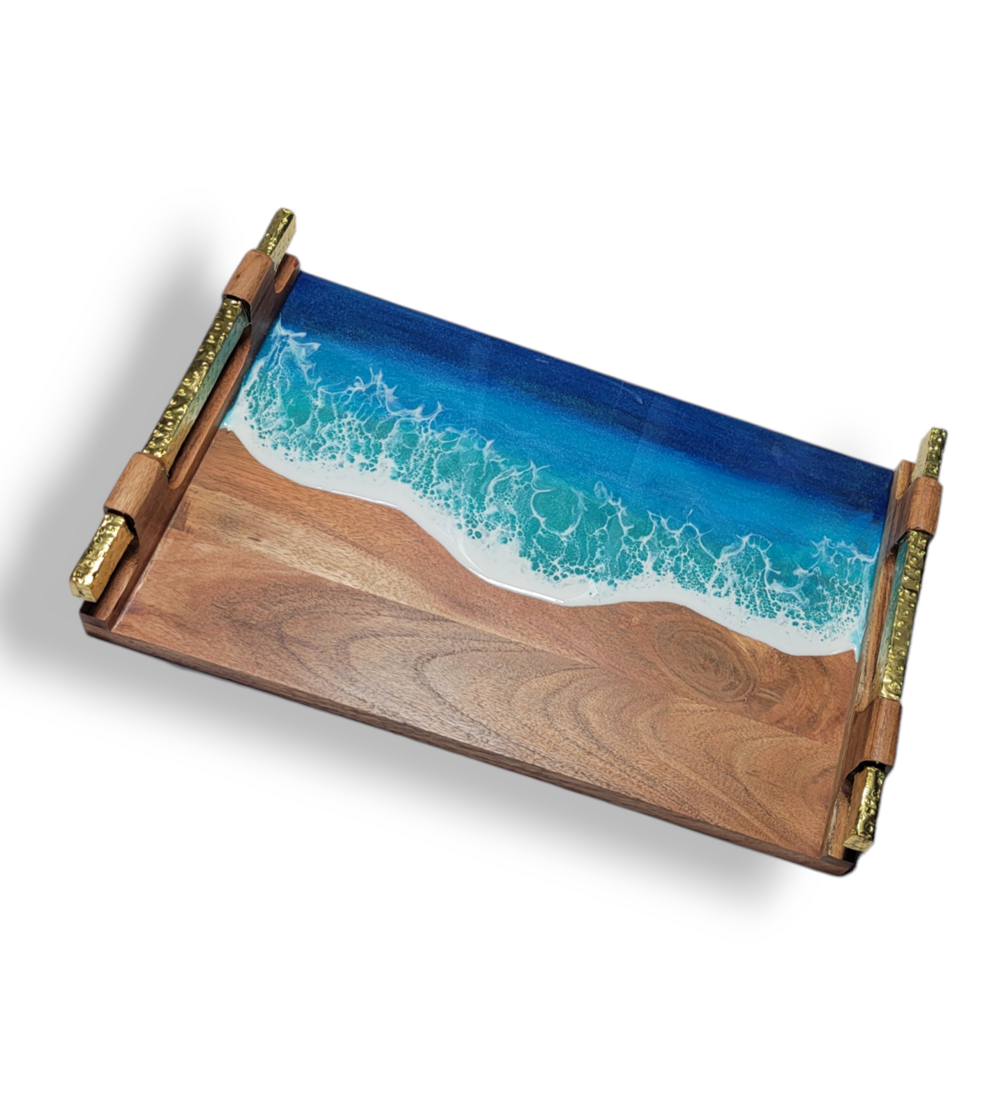 Ocean Acacia Wood Tray with Golden Handles – Elevate Your Serving Experience