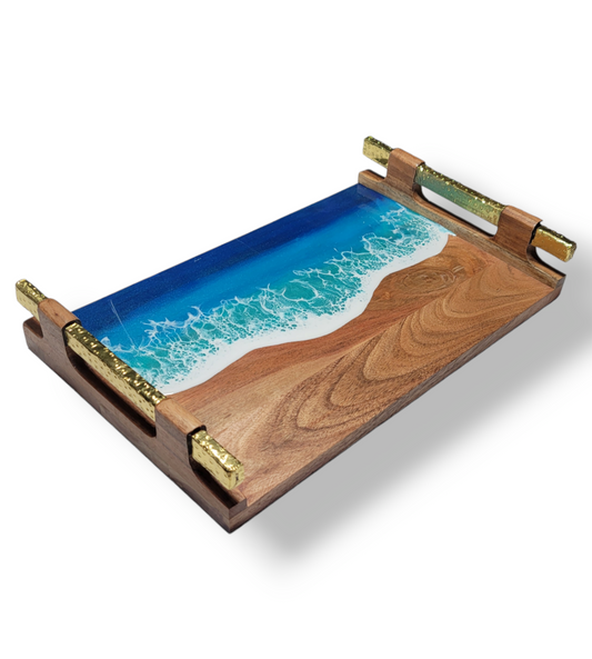 Ocean Acacia Wood Tray with Golden Handles – Elevate Your Serving Experience