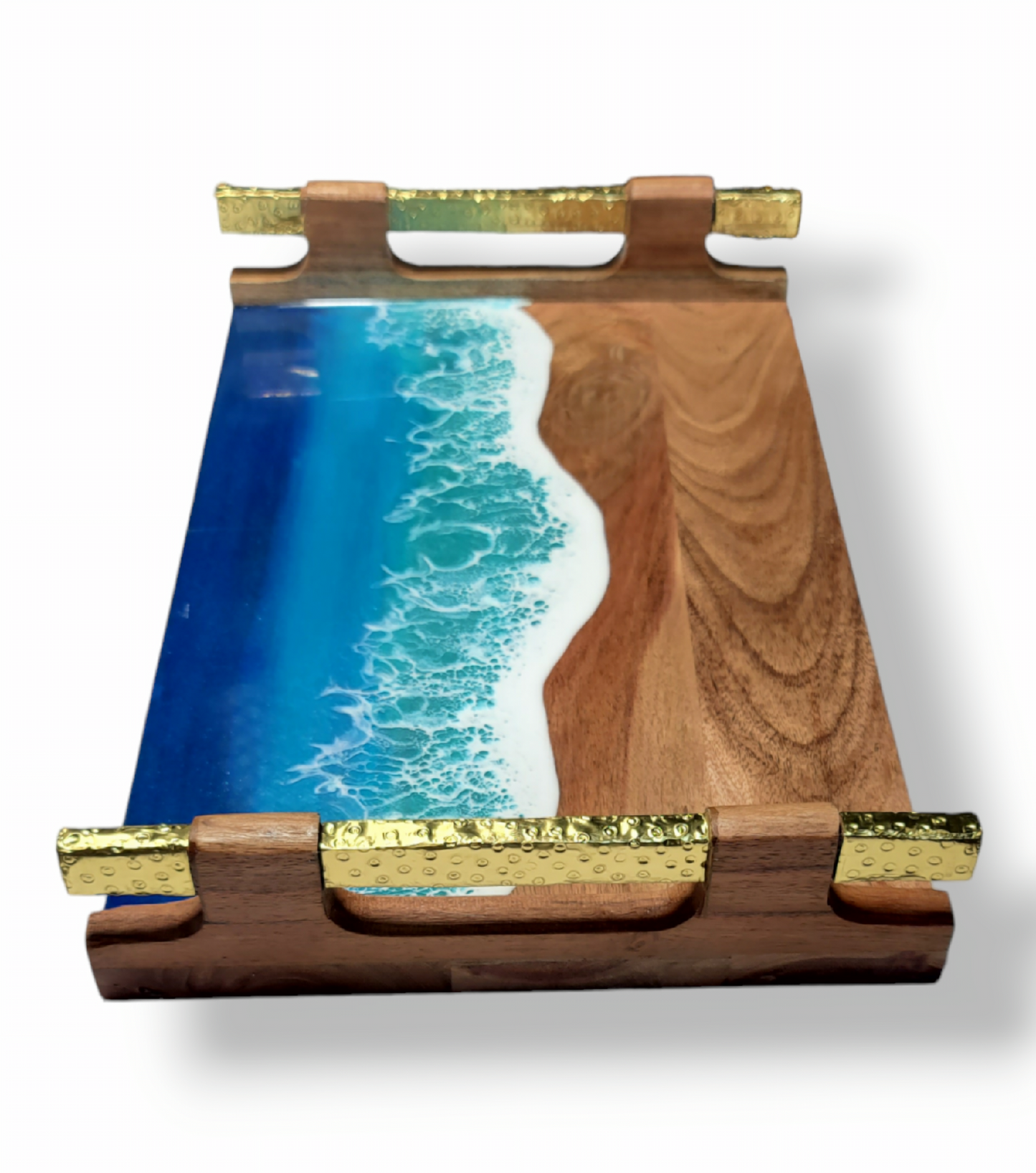 Ocean Acacia Wood Tray with Golden Handles – Elevate Your Serving Experience