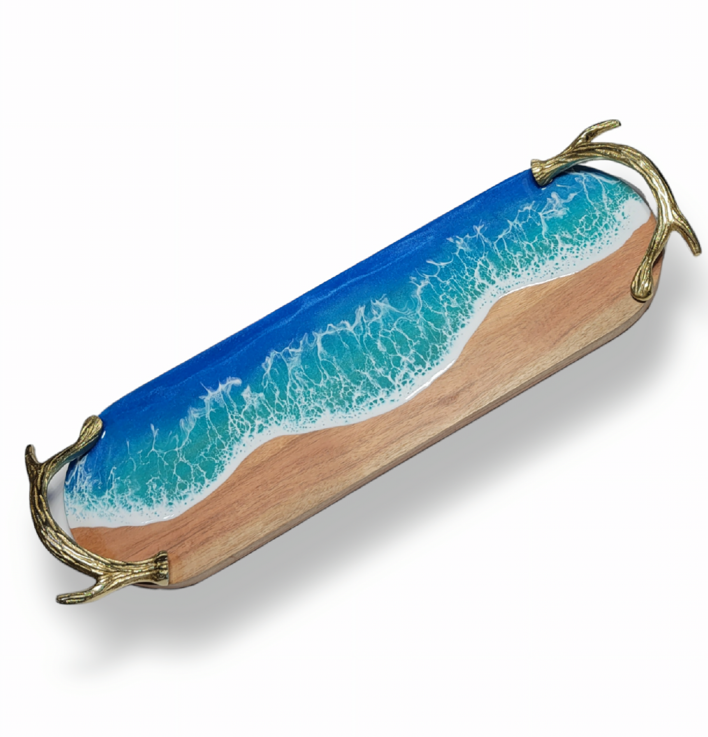 Golden Horizon: Acacia Wood Tray with Ocean Resin Design