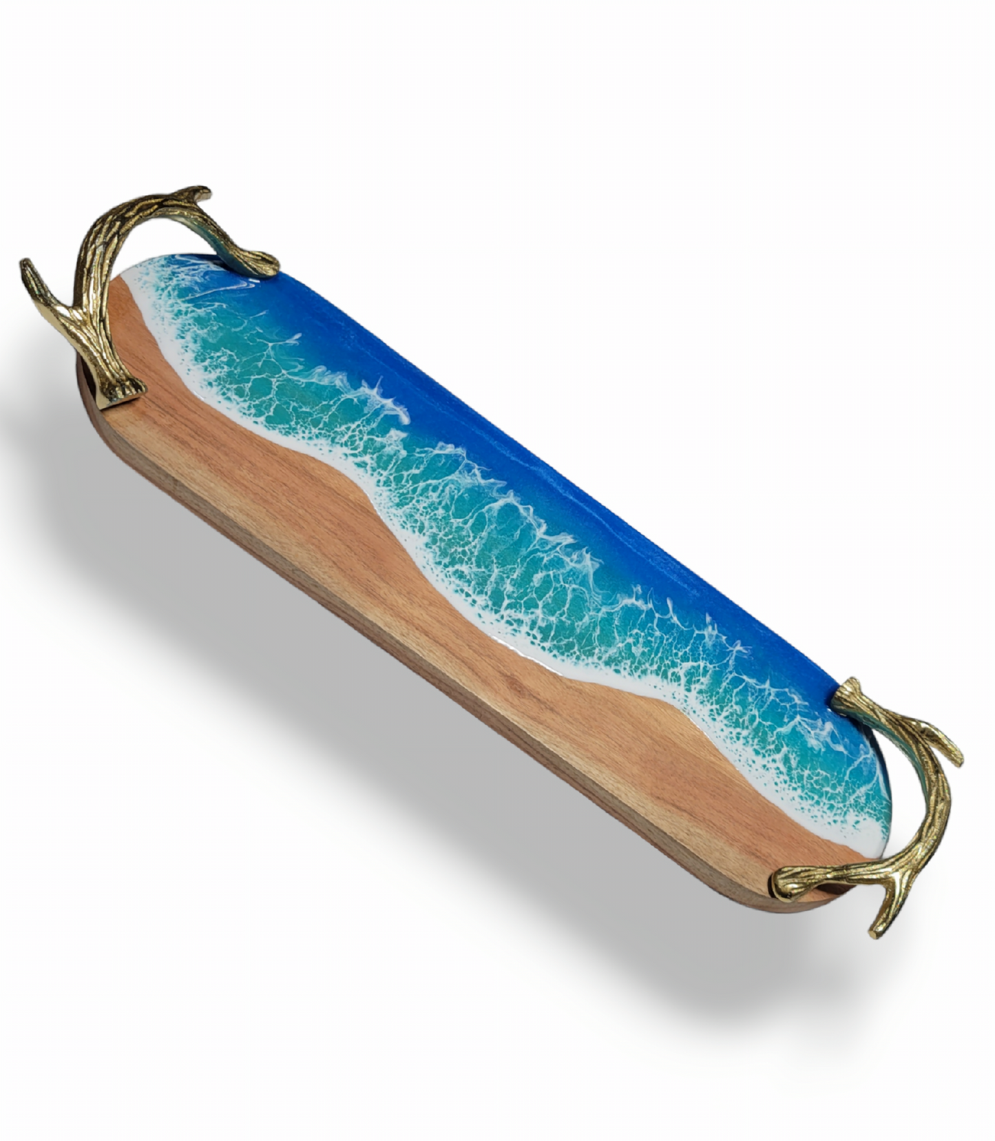 Golden Horizon: Acacia Wood Tray with Ocean Resin Design