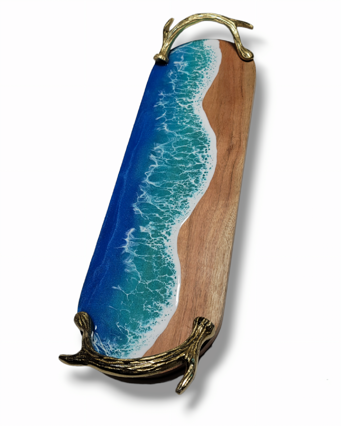 Golden Horizon: Acacia Wood Tray with Ocean Resin Design