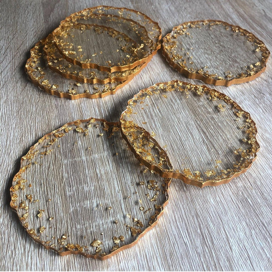Golden Horizon: Individual Clear Resin Coaster with Luxe Gold Leaves and Edges - Geode Inspired - 5in