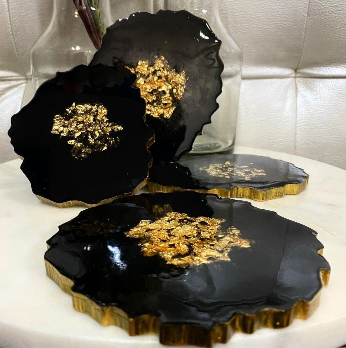 Geode Glamour: Black Resin Coasters with Gold Leaf Center and Gilded Edges - 5in