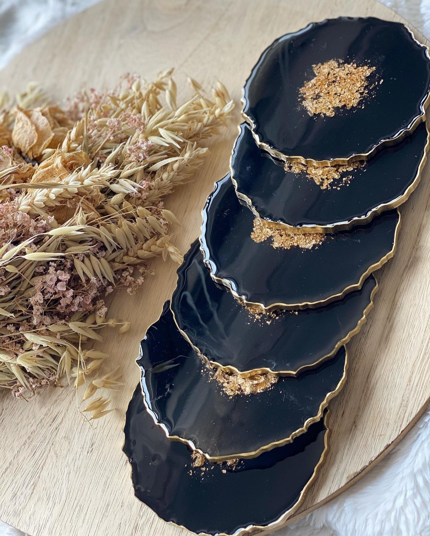 Geode Glamour: Black Resin Coasters with Gold Leaf Center and Gilded Edges - 5in